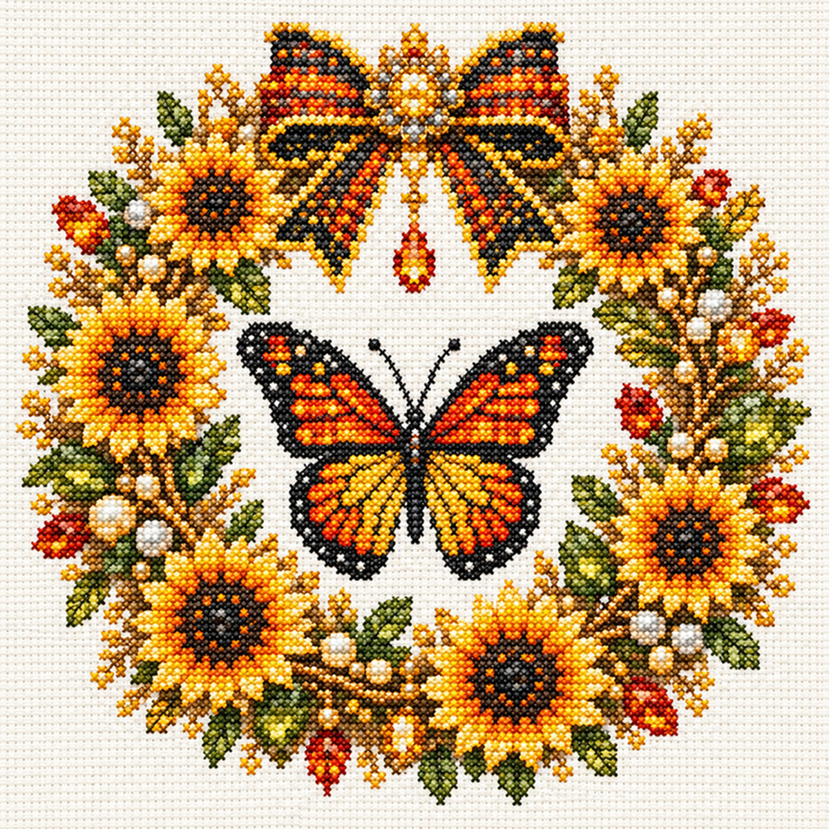 Monarch Wreath - Full 14CT Stamped Cross Stitch 30x30CM - Huacan