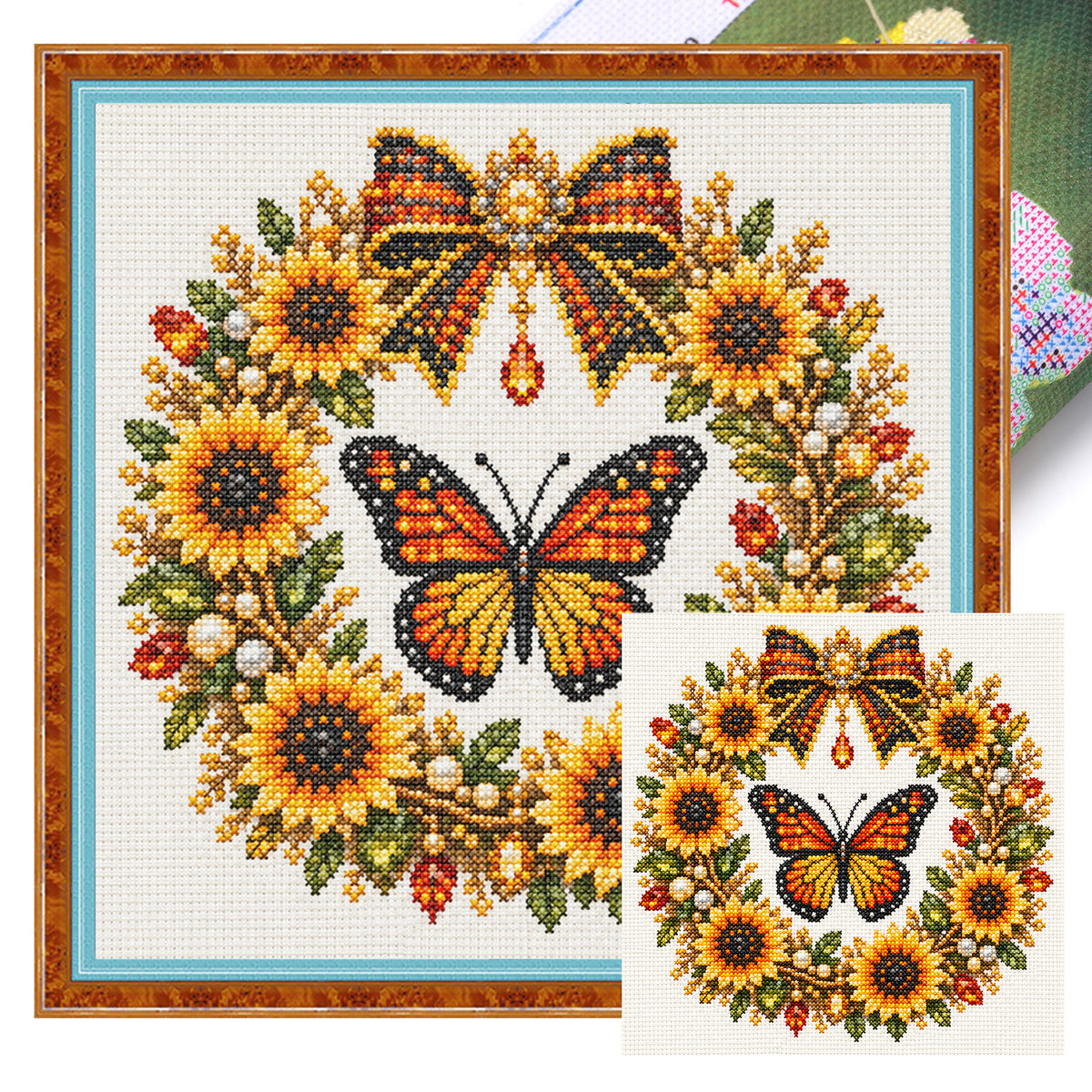 Monarch Wreath - Full 14CT Stamped Cross Stitch 30x30CM - Huacan