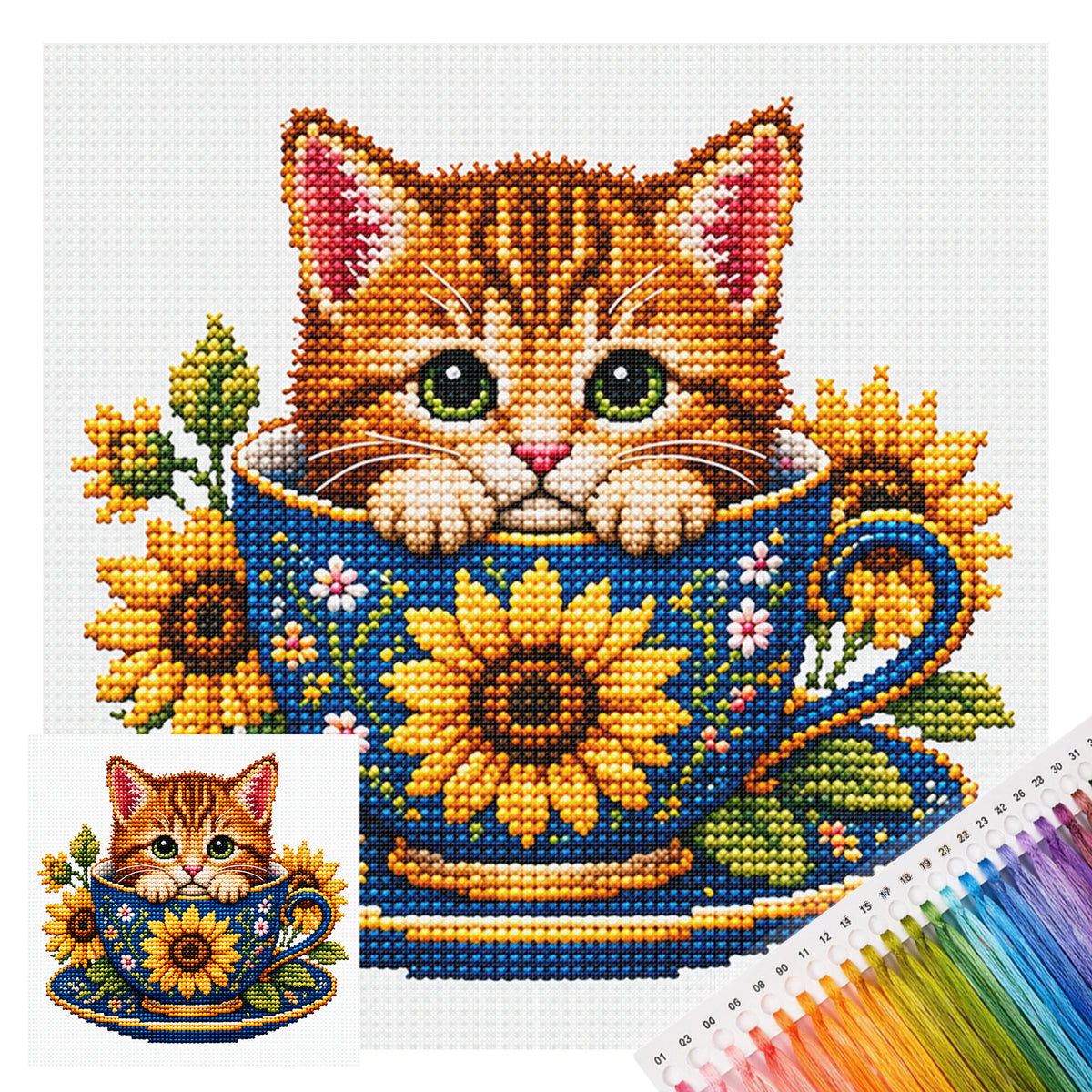 Sunflower Kitten-Cat - Full 14CT Stamped Cross Stitch 30x30CM - Huacan