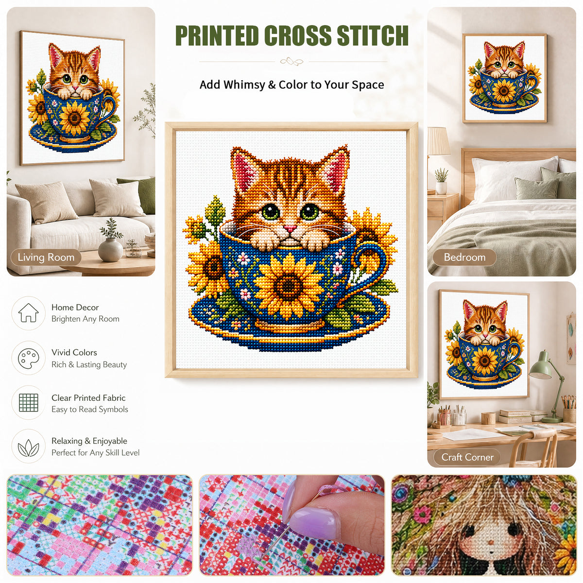 Sunflower Kitten-Cat - Full 14CT Stamped Cross Stitch 30x30CM - Huacan
