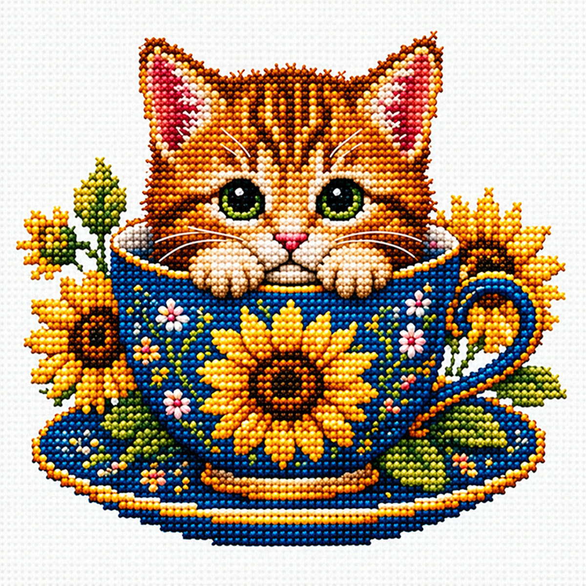 Sunflower Kitten-Cat - Full 14CT Stamped Cross Stitch 30x30CM - Huacan