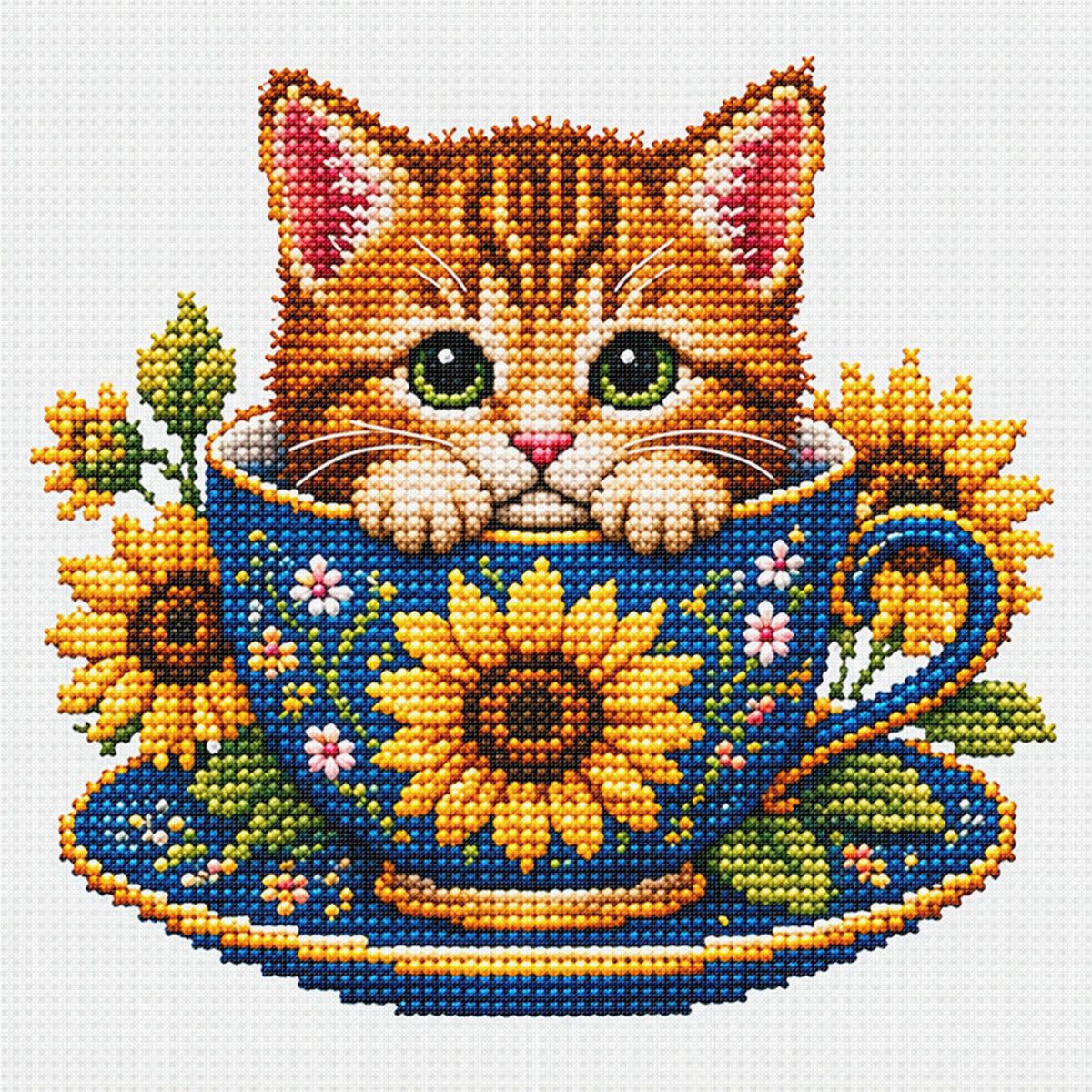 Sunflower Kitten-Cat - Full 14CT Stamped Cross Stitch 30x30CM - Huacan