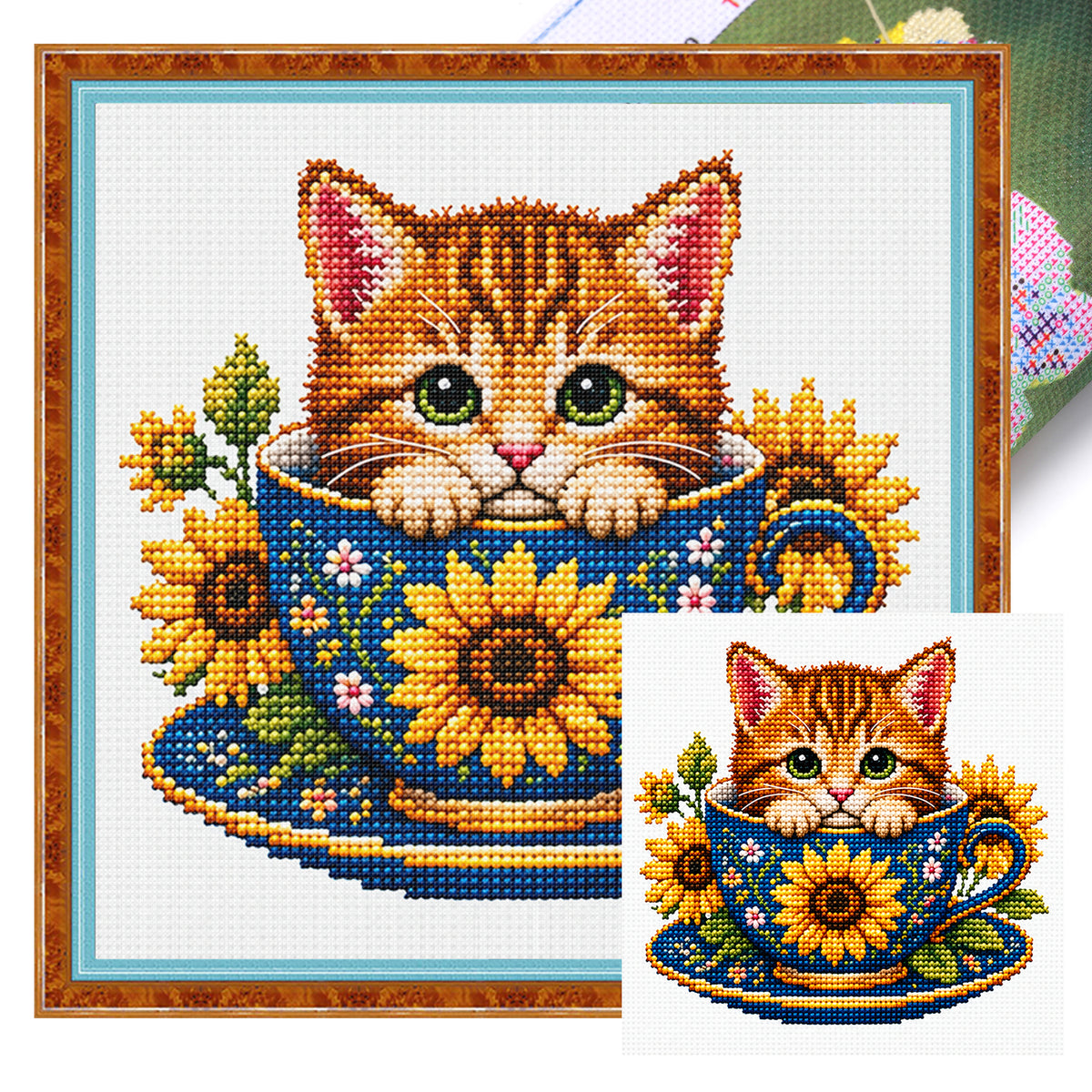Sunflower Kitten-Cat - Full 14CT Stamped Cross Stitch 30x30CM - Huacan