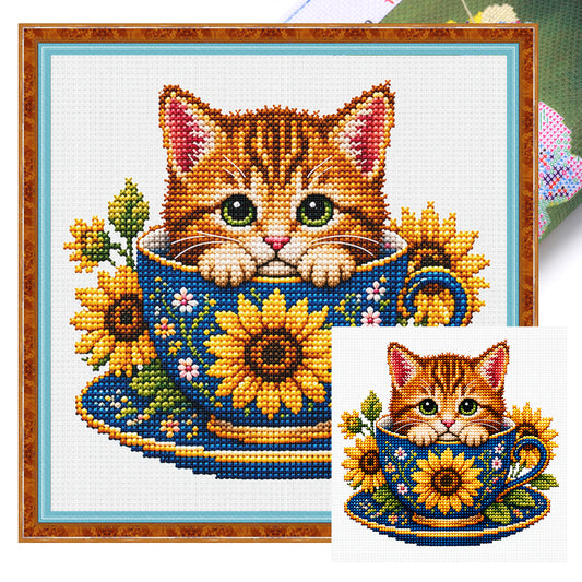 Sonnenblumen-Kätzchen – Vollständiges 14CT gestempeltes Kreuzstich-Set 30x30CM – Huacan