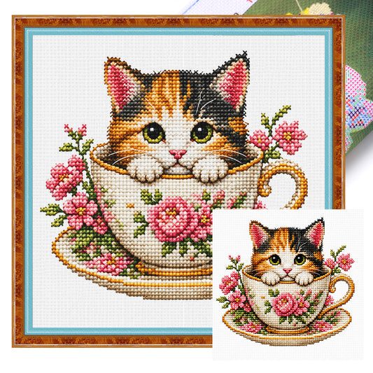Päonien-Kätzchen – Vollständiges 14CT gestempeltes Kreuzstich-Set 30x30 cm – Huacan
