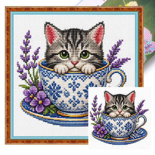Lavendel-Kätzchen – Vollständiges 14CT gestempeltes Kreuzstich-Set 30x30CM – Huacan