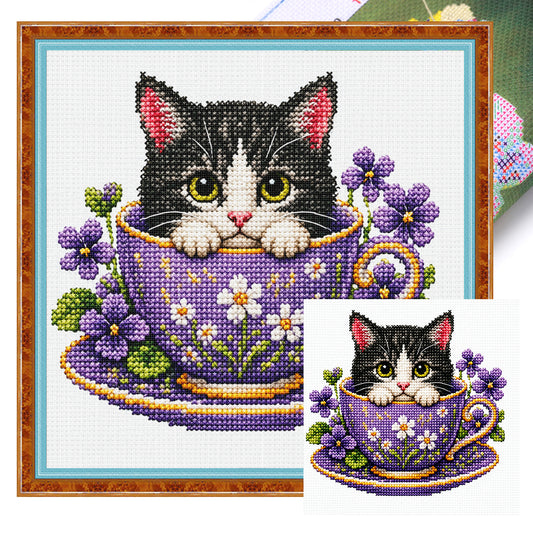 Violettes Kätzchen - Vollständiges 14CT gestempeltes Kreuzstich-Set 30x30CM - Huacan