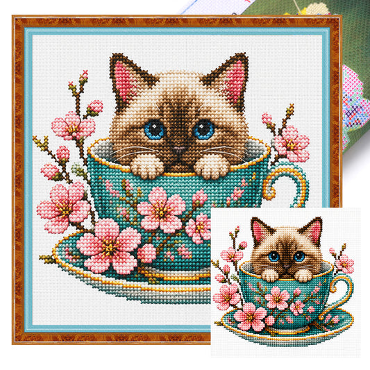 Sakura Kätzchen-Katze – Vollständiges 14CT gestempeltes Kreuzstich-Set 30x30CM – Huacan