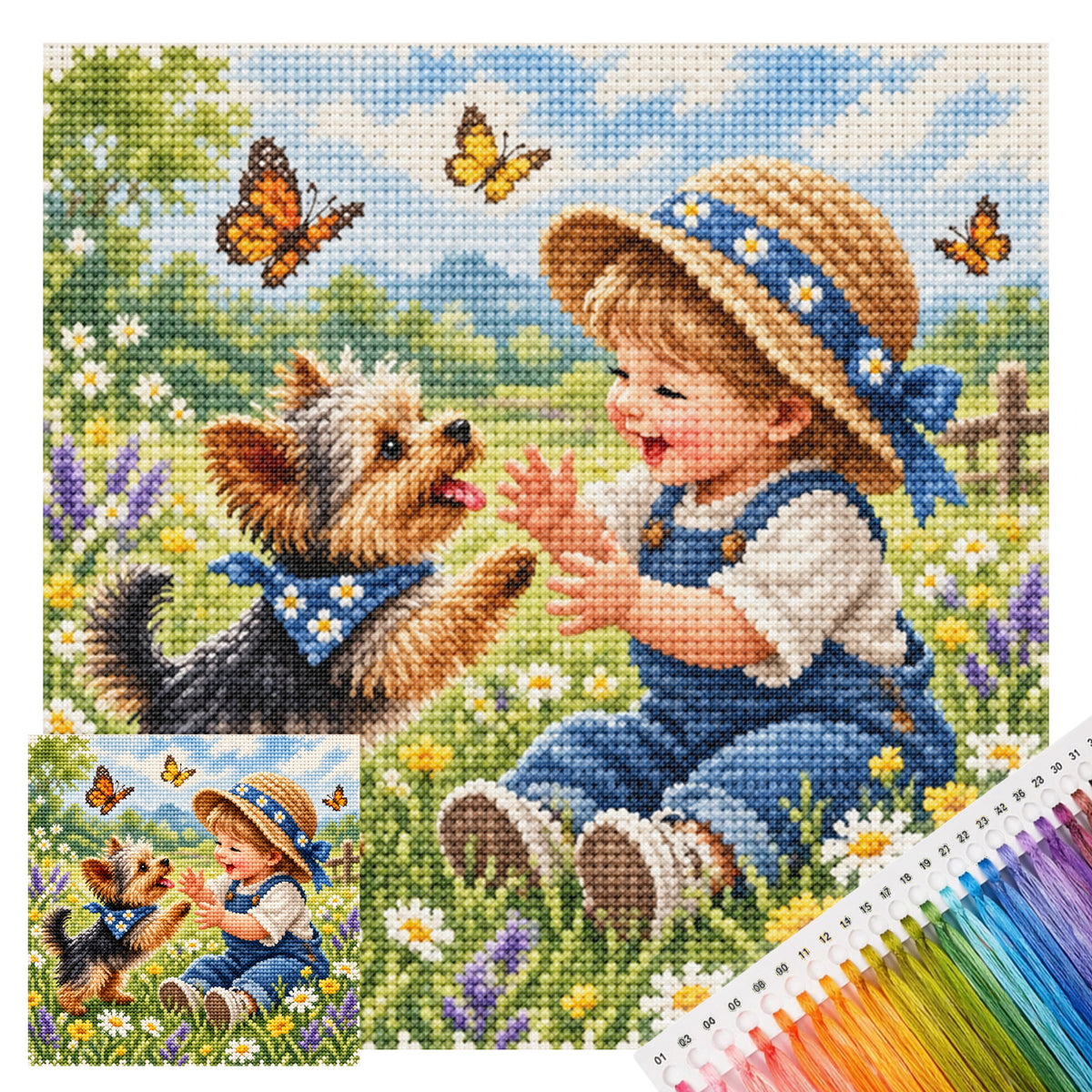 Spring Play - Full 11CT Stamped Cross Stitch 45x45CM - Huacan