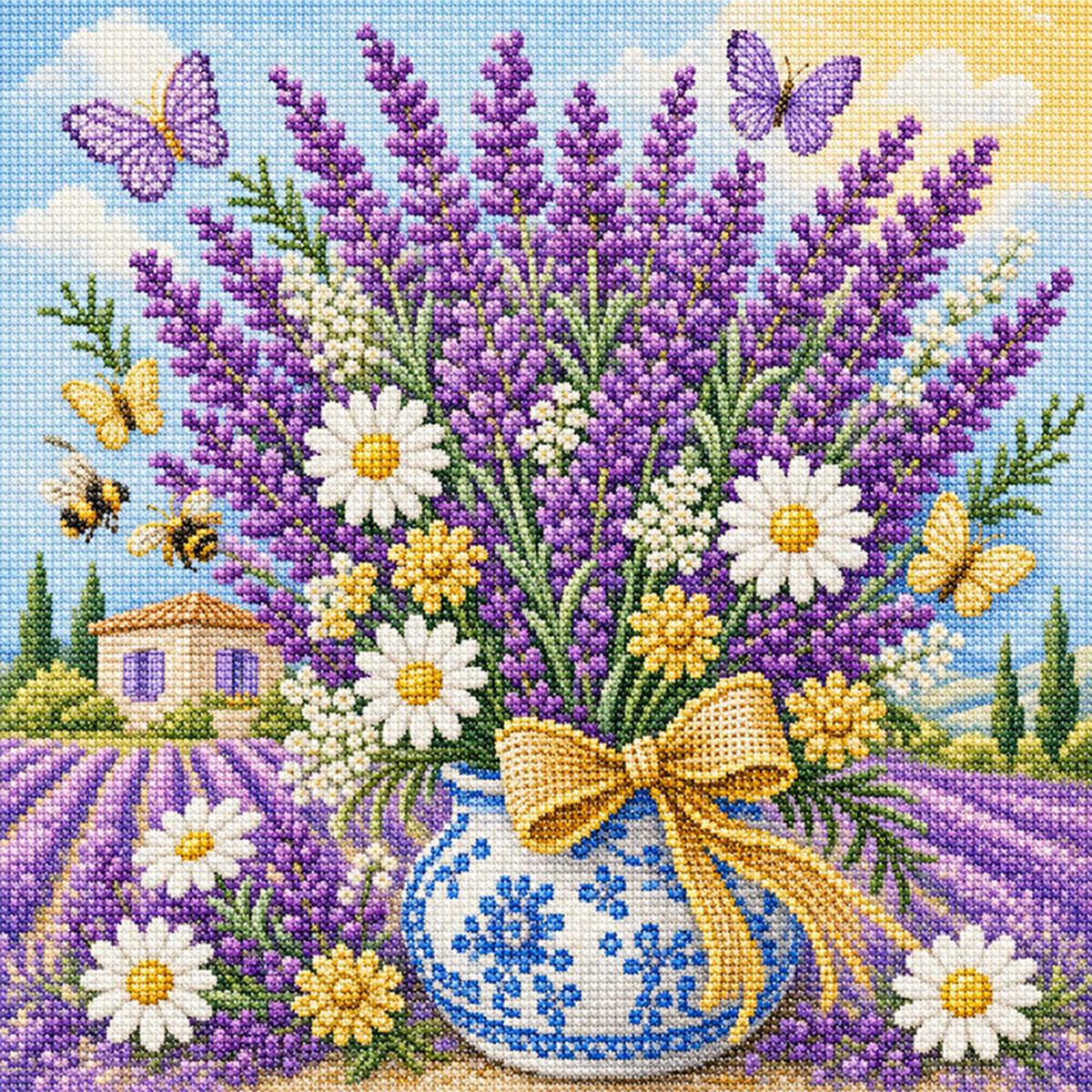 Lavendel-Vase - Vollständiges 14CT gestempeltes Kreuzstich-Set 30x30CM - Huacan