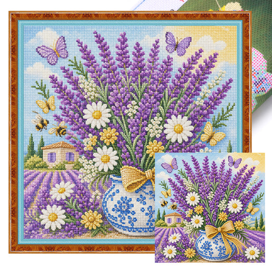 Lavendel-Vase - Vollständiges 14CT gestempeltes Kreuzstich-Set 30x30CM - Huacan