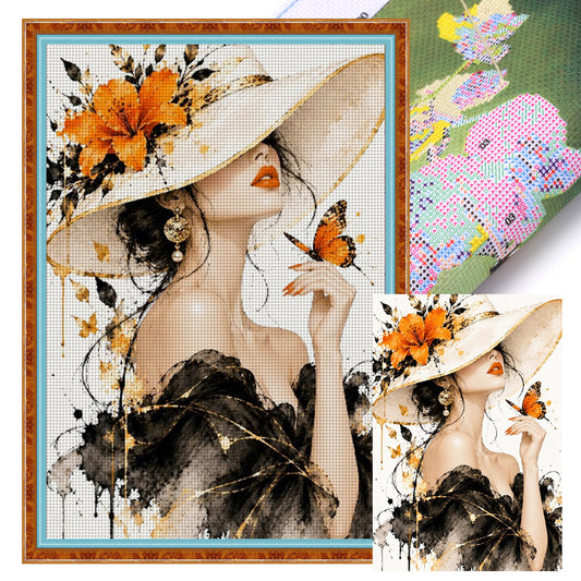 Dame mit Zylinder und Sonnenblumen - Vollständiges 11CT Stempel-Kreuzstich-Set 60x40CM - Huacan