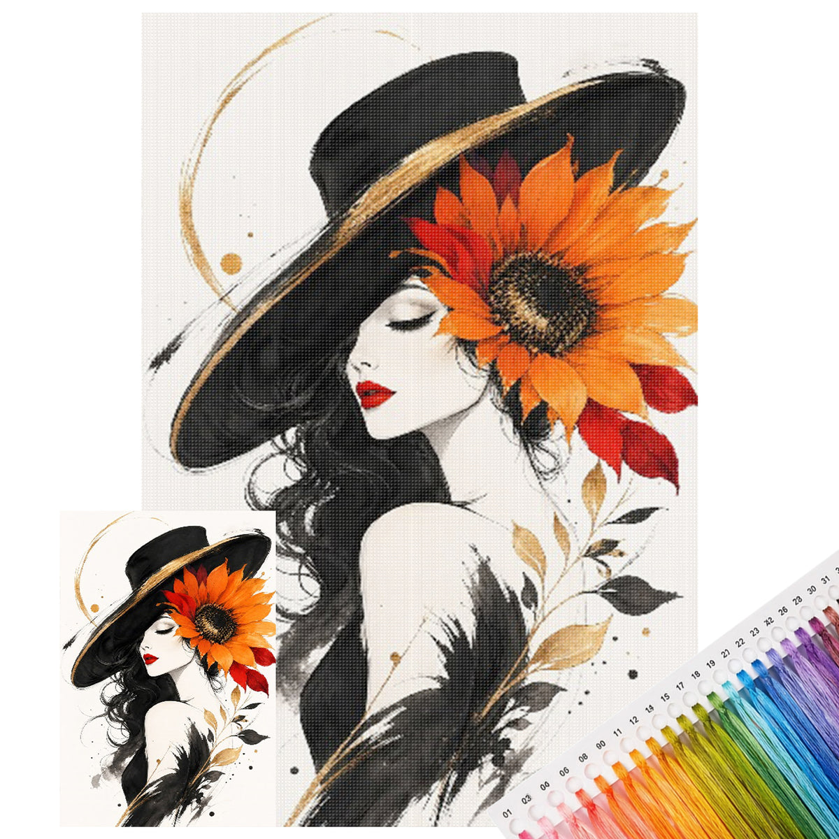 Lady With Sunflowers In A Black Hat - Full 11CT Stamped Cross Stitch 60x40CM - Huacan