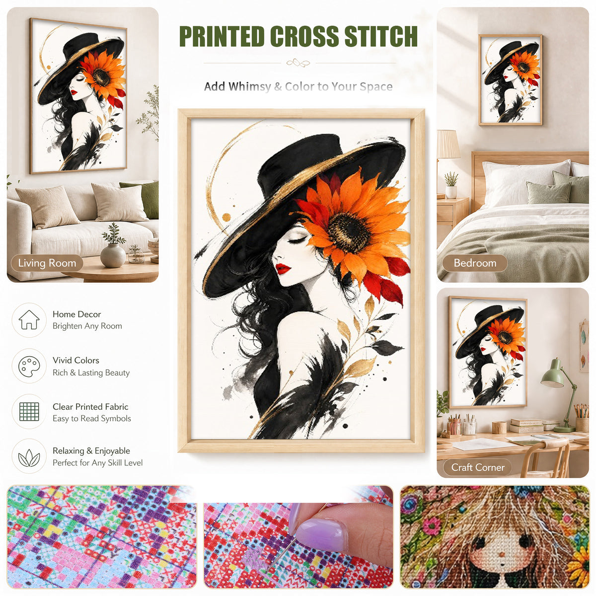 Lady With Sunflowers In A Black Hat - Full 11CT Stamped Cross Stitch 60x40CM - Huacan