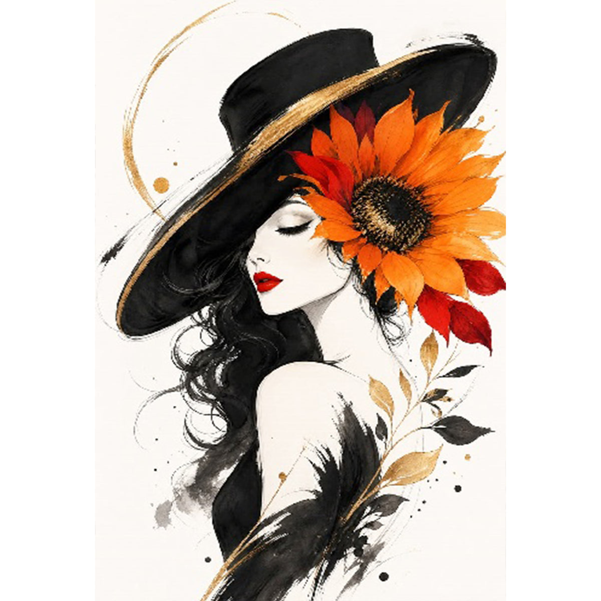 Lady With Sunflowers In A Black Hat - Full 11CT Stamped Cross Stitch 60x40CM - Huacan
