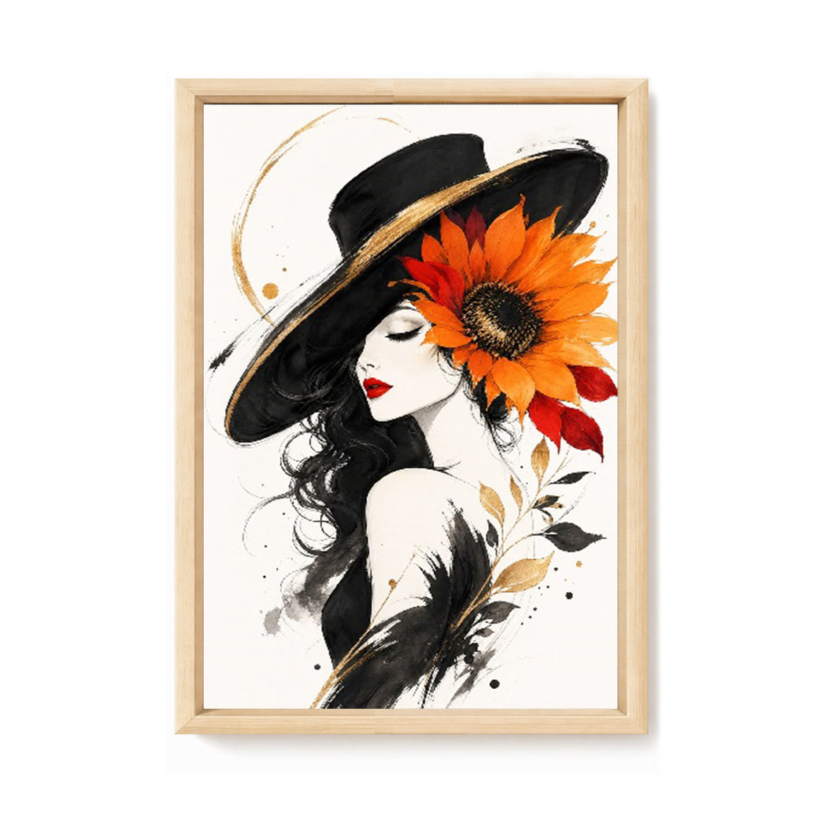 Lady With Sunflowers In A Black Hat - Full 11CT Stamped Cross Stitch 60x40CM - Huacan