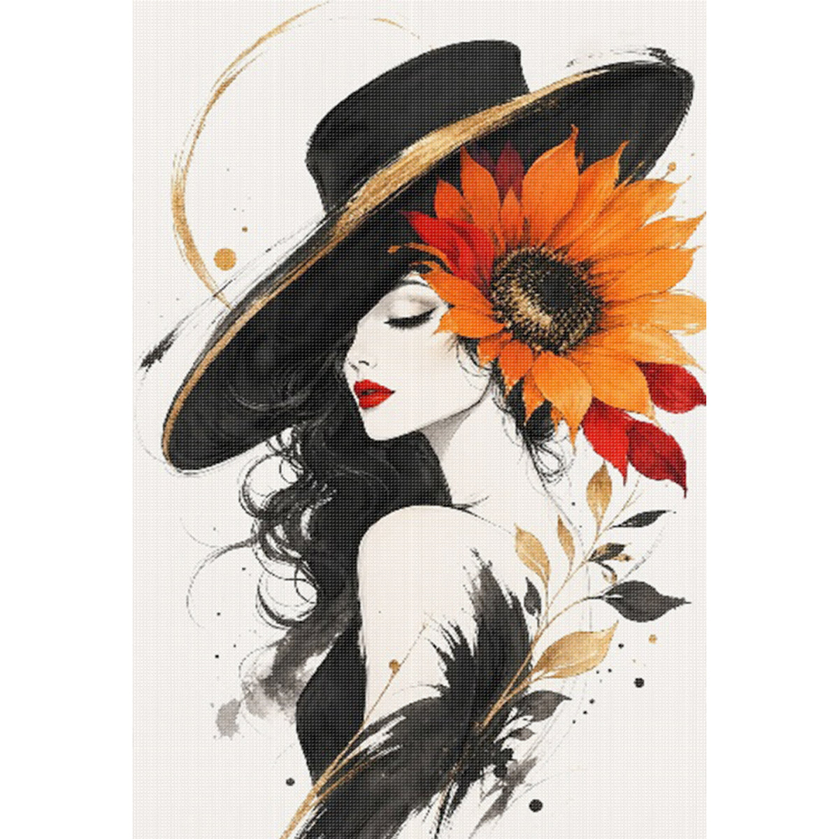 Lady With Sunflowers In A Black Hat - Full 11CT Stamped Cross Stitch 60x40CM - Huacan