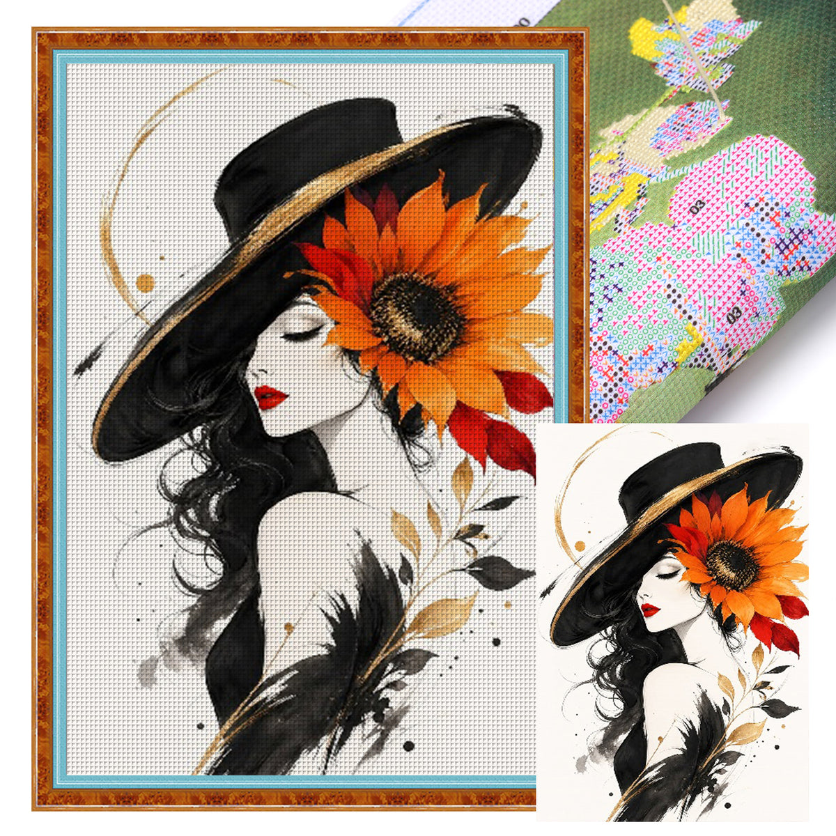 Lady With Sunflowers In A Black Hat - Full 11CT Stamped Cross Stitch 60x40CM - Huacan