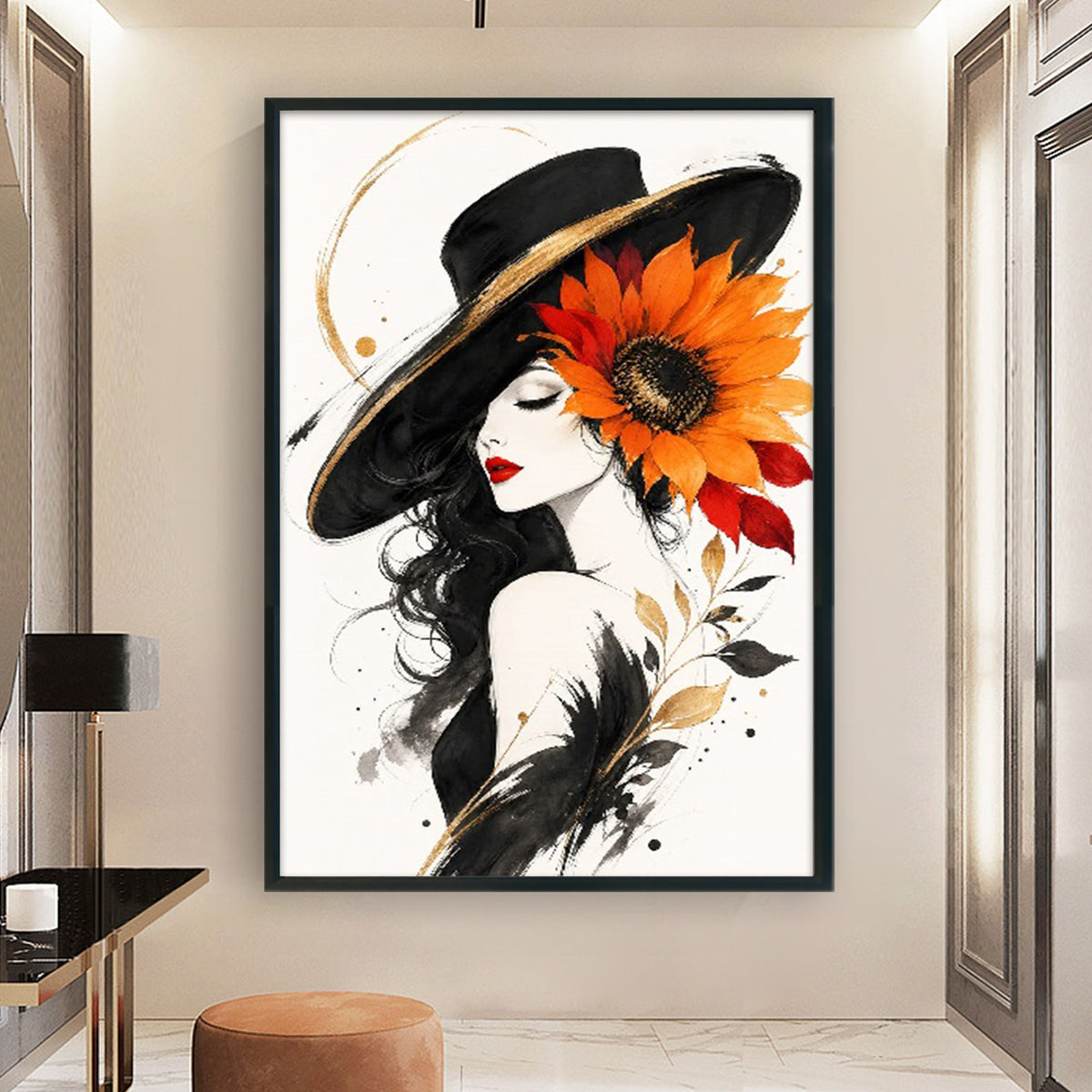 Lady With Sunflowers In A Black Hat - Full 11CT Stamped Cross Stitch 60x40CM - Huacan