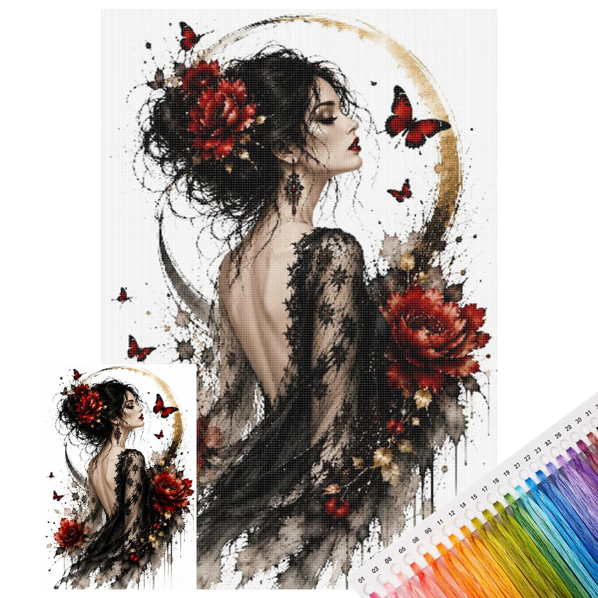 Dame mit Rosen-Schmetterling Rückenansicht – Vollständiges 11CT gestempeltes Kreuzstich-Set 60x40CM – Huacan
