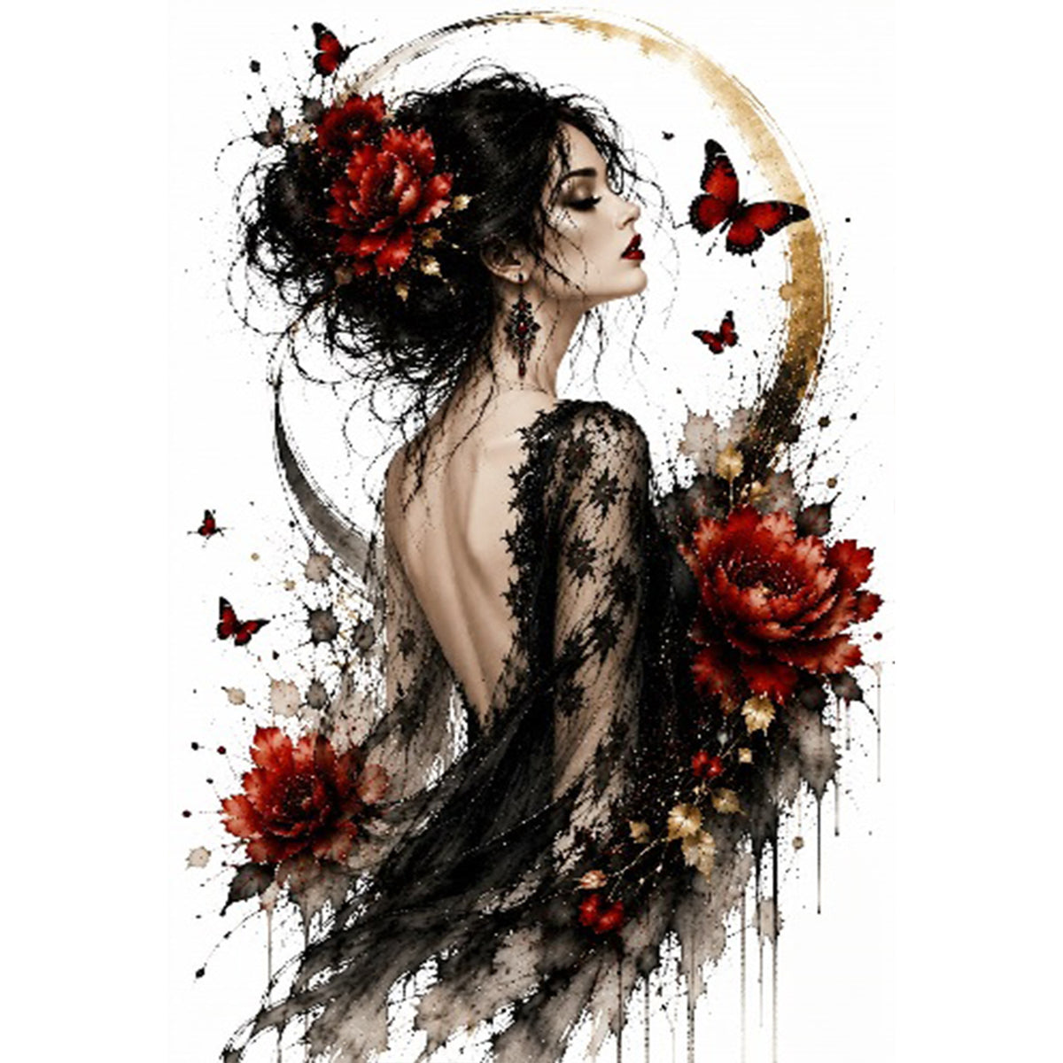 Dame mit Rosen-Schmetterling Rückenansicht – Vollständiges 11CT gestempeltes Kreuzstich-Set 60x40CM – Huacan
