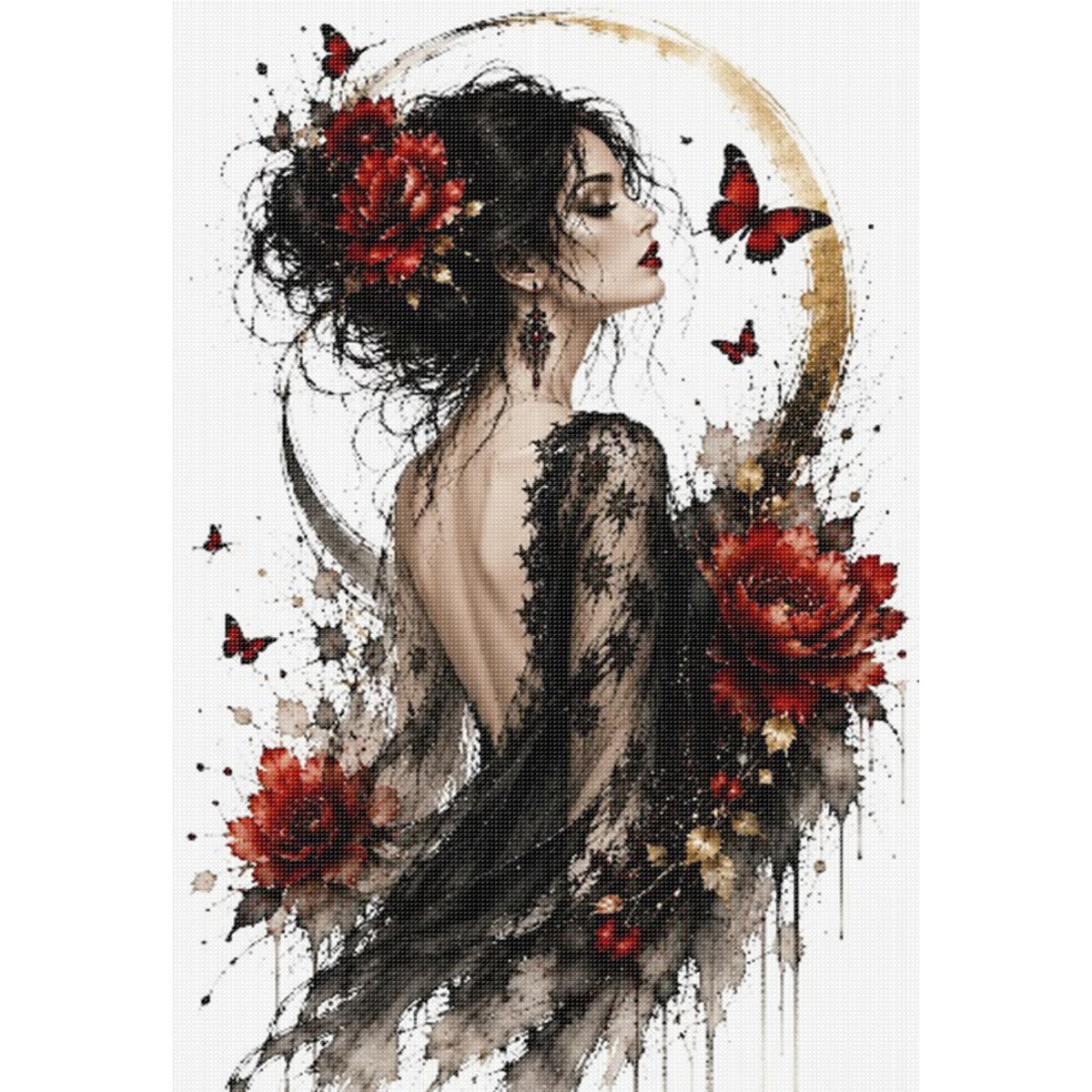 Dame mit Rosen-Schmetterling Rückenansicht – Vollständiges 11CT gestempeltes Kreuzstich-Set 60x40CM – Huacan