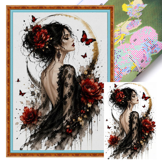 Dame mit Rosen-Schmetterling Rückenansicht – Vollständiges 11CT gestempeltes Kreuzstich-Set 60x40CM – Huacan