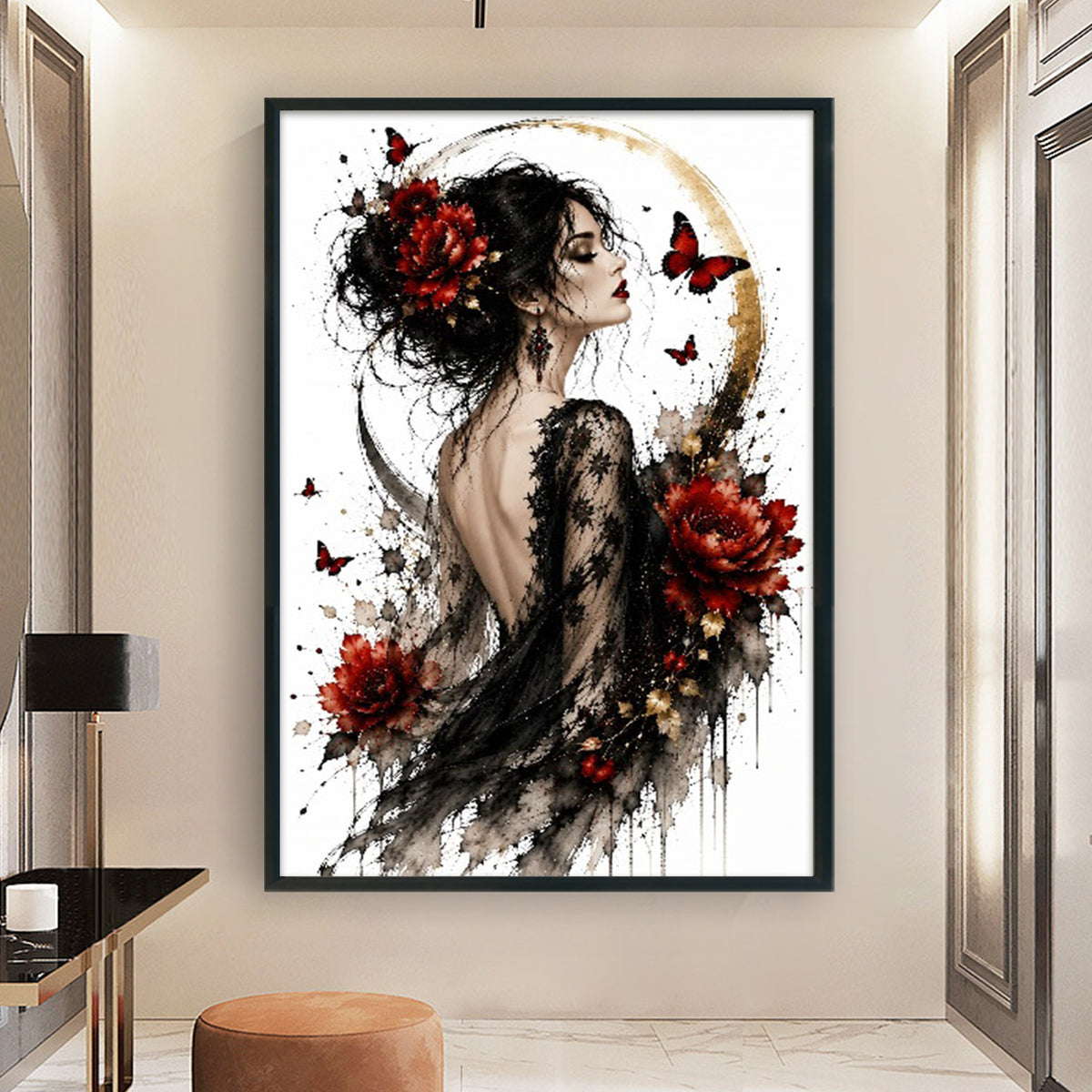 Dame mit Rosen-Schmetterling Rückenansicht – Vollständiges 11CT gestempeltes Kreuzstich-Set 60x40CM – Huacan