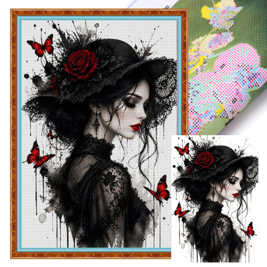 Dame mit schwarzem Zylinder und Rosen - Vollständiges 11CT Stempel-Kreuzstich-Set 60x40cm - Huacan