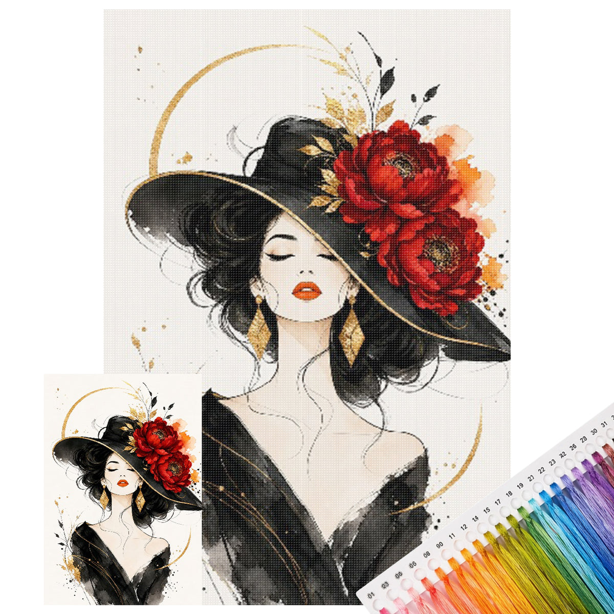 Dame mit Zylinder und roten Pfingstrosen - Komplettes 11CT Stempel-Kreuzstichset 60x40cm - Huacan