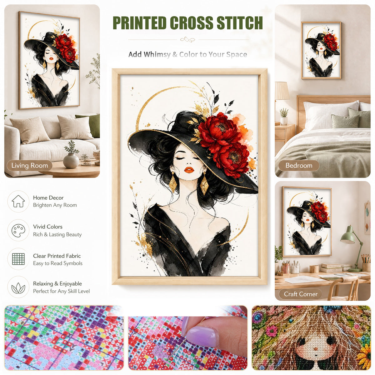 Dame mit Zylinder und roten Pfingstrosen - Komplettes 11CT Stempel-Kreuzstichset 60x40cm - Huacan