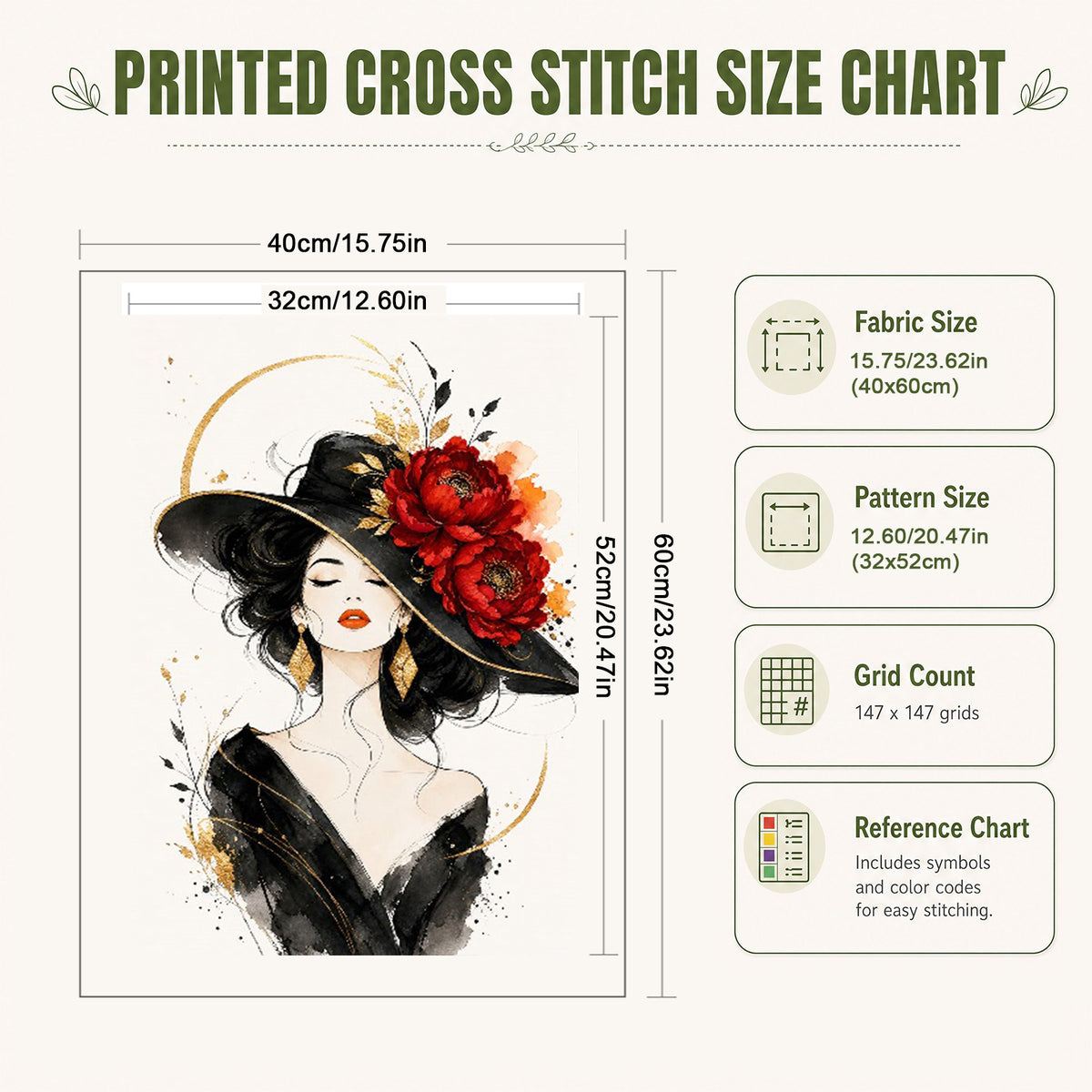 Dame mit Zylinder und roten Pfingstrosen - Komplettes 11CT Stempel-Kreuzstichset 60x40cm - Huacan