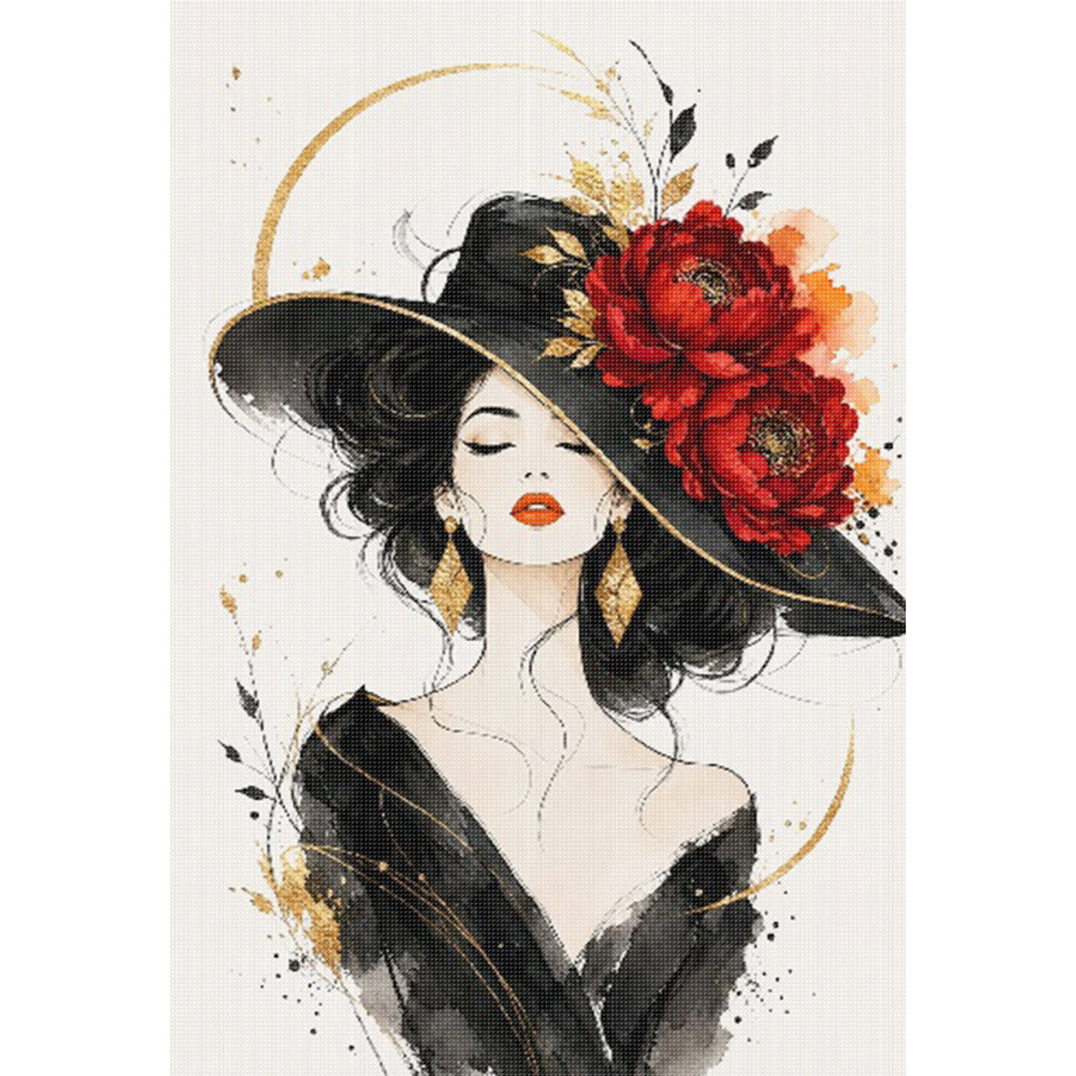 Dame mit Zylinder und roten Pfingstrosen - Komplettes 11CT Stempel-Kreuzstichset 60x40cm - Huacan