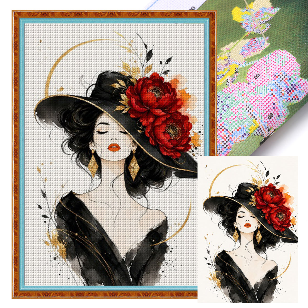 Dame mit Zylinder und roten Pfingstrosen - Komplettes 11CT Stempel-Kreuzstichset 60x40cm - Huacan
