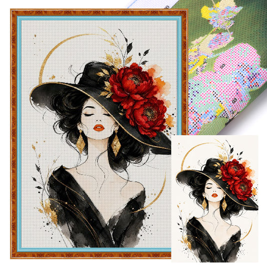 Dame mit Zylinder und roten Pfingstrosen - Komplettes 11CT Stempel-Kreuzstichset 60x40cm - Huacan