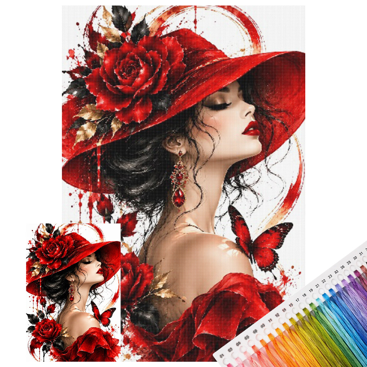 Dame mit rotem Hut und Rosen - Vollständiges 11CT Stempel-Kreuzstich-Set 60x40cm - Huacan