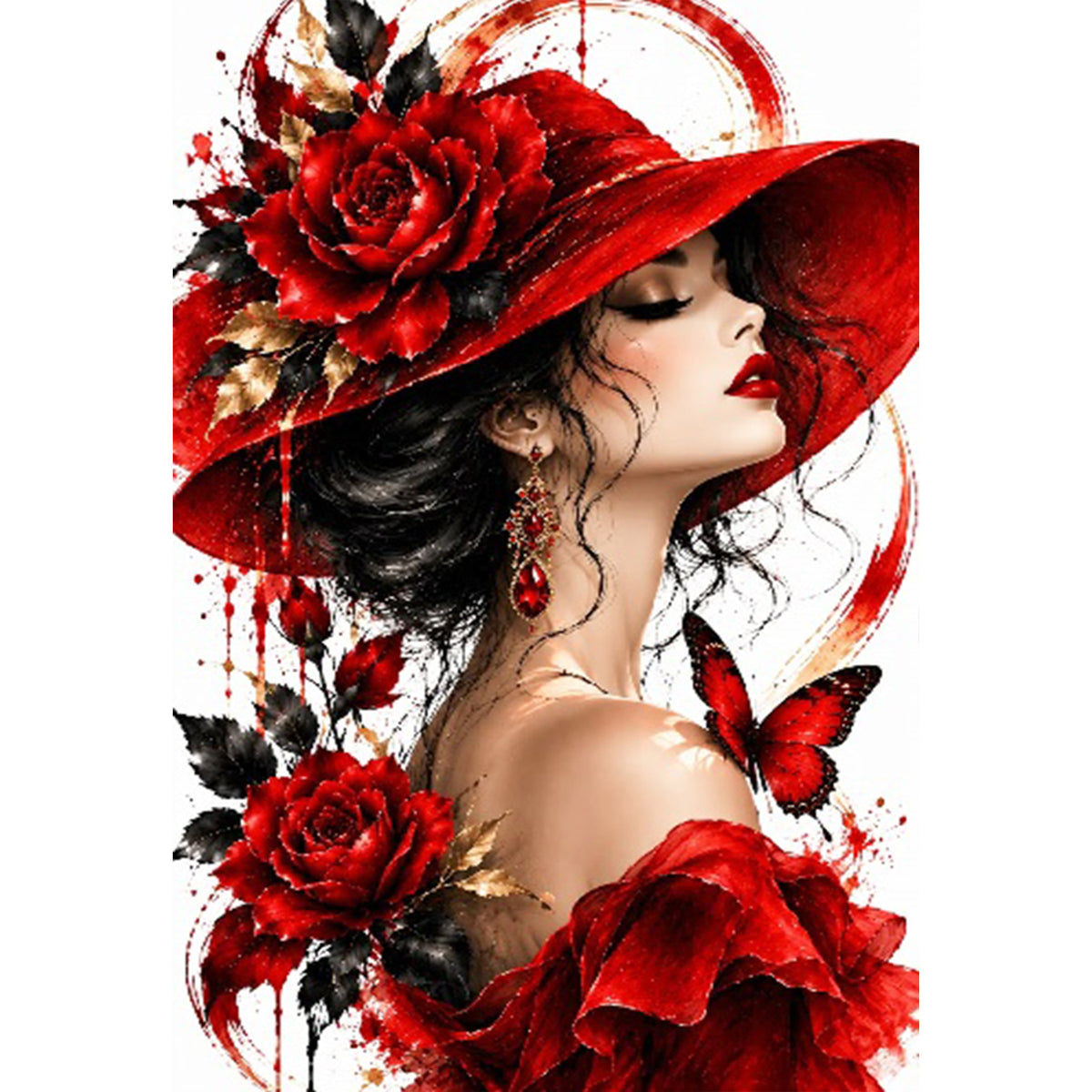 Dame mit rotem Hut und Rosen - Vollständiges 11CT Stempel-Kreuzstich-Set 60x40cm - Huacan