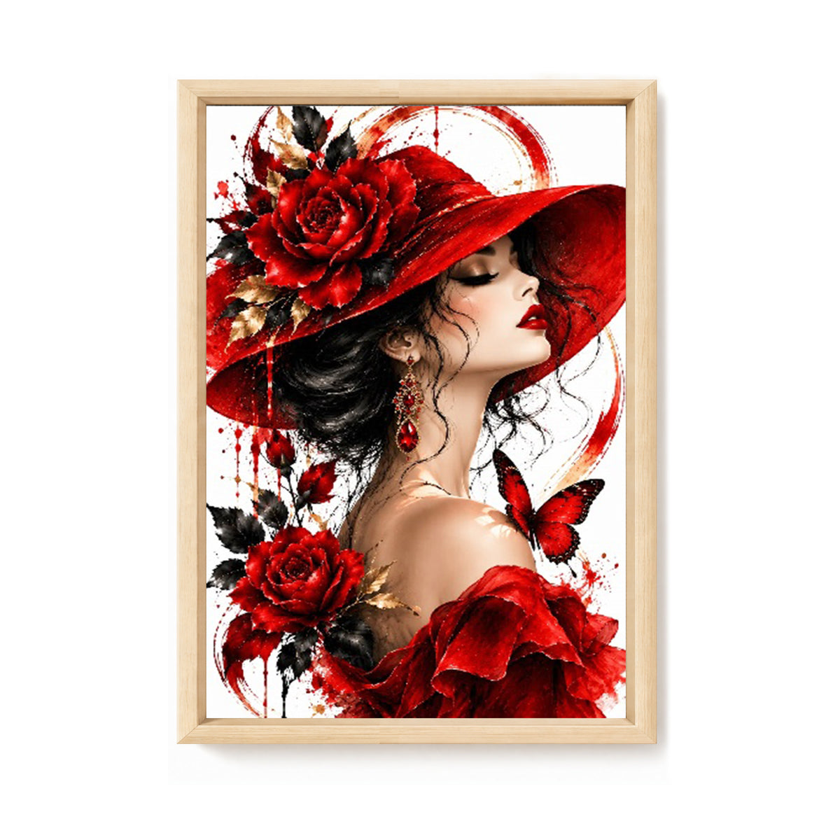Dame mit rotem Hut und Rosen - Vollständiges 11CT Stempel-Kreuzstich-Set 60x40cm - Huacan