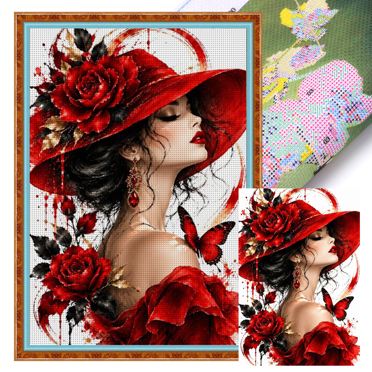 Dame mit rotem Hut und Rosen - Vollständiges 11CT Stempel-Kreuzstich-Set 60x40cm - Huacan