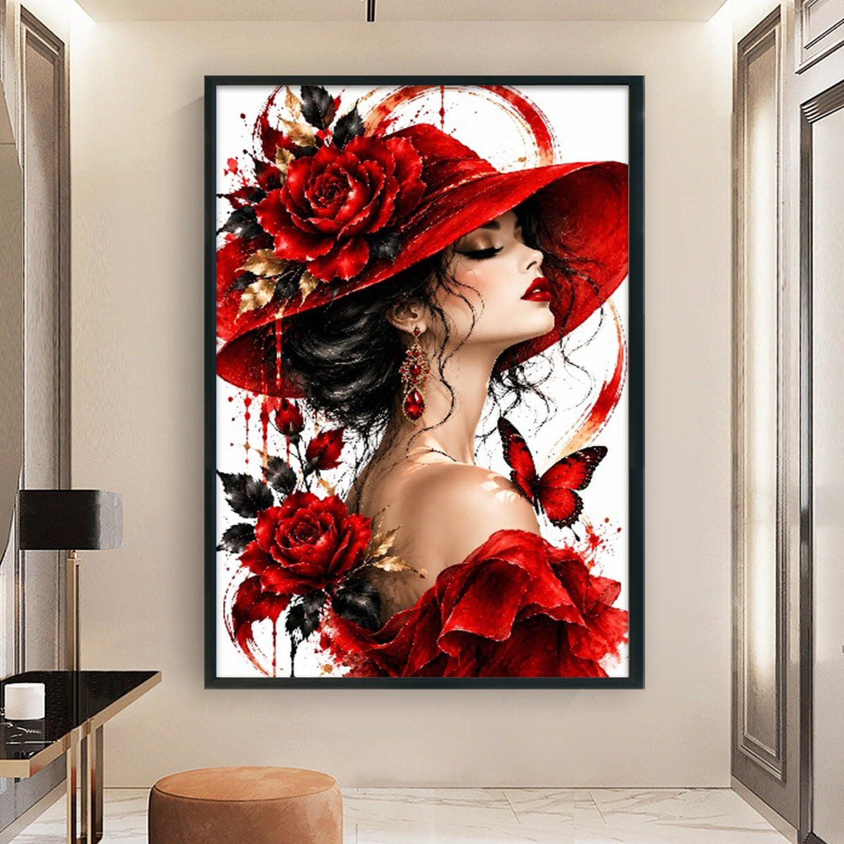 Dame mit rotem Hut und Rosen - Vollständiges 11CT Stempel-Kreuzstich-Set 60x40cm - Huacan