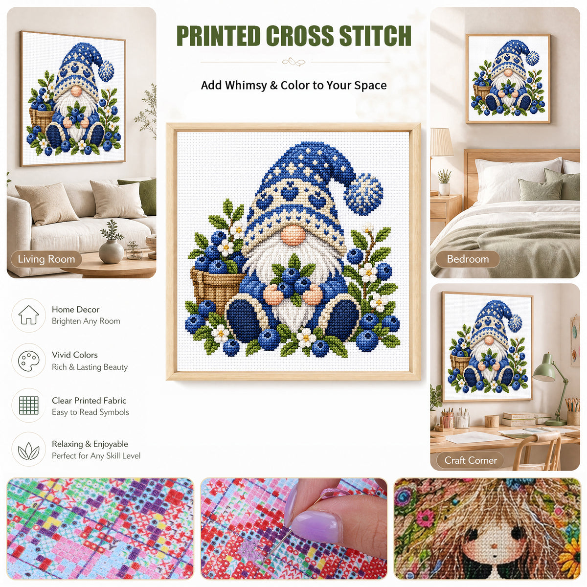 Blueberry Gnome - Full Stamped Cross Stitch 20x20CM - Huacan