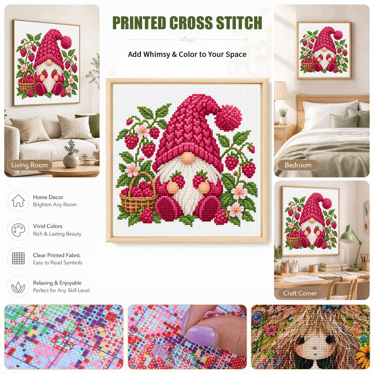 Raspberry Gnome - Full Stamped Cross Stitch 20x20CM - Huacan