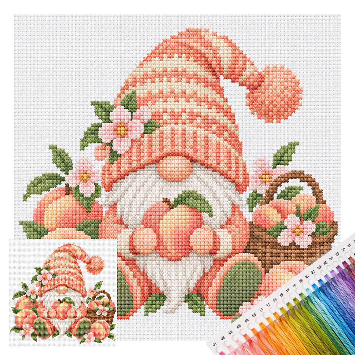 Pfirsich-Gnom - Vollflächiges Stempel-Kreuzstichset 20x20 cm - Huacan