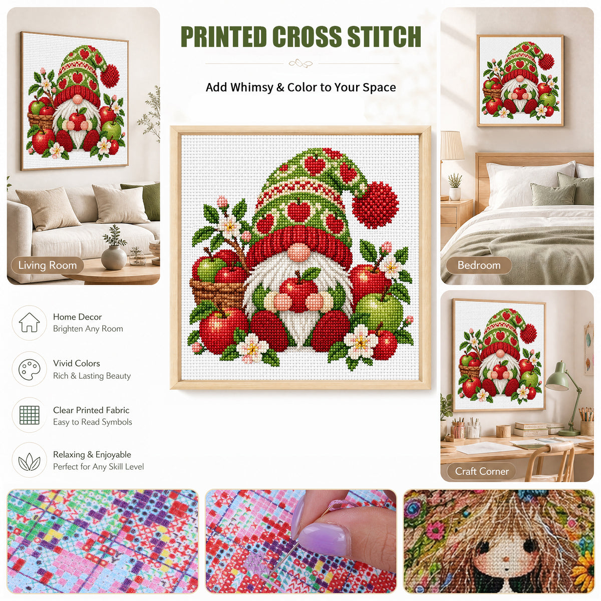 Apple Gnome - Full Stamped Cross Stitch 20x20CM - Huacan