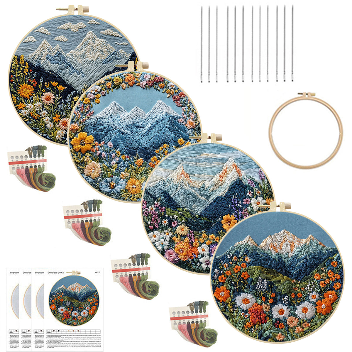 Framed Embroidery Starter Kit with Pattern Mountain 4Pcs 8in Hoop