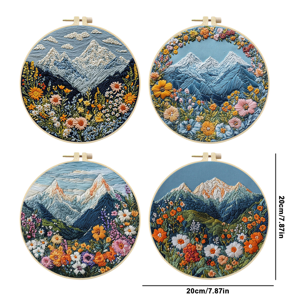 Framed Embroidery Starter Kit with Pattern Mountain 4Pcs 8in Hoop