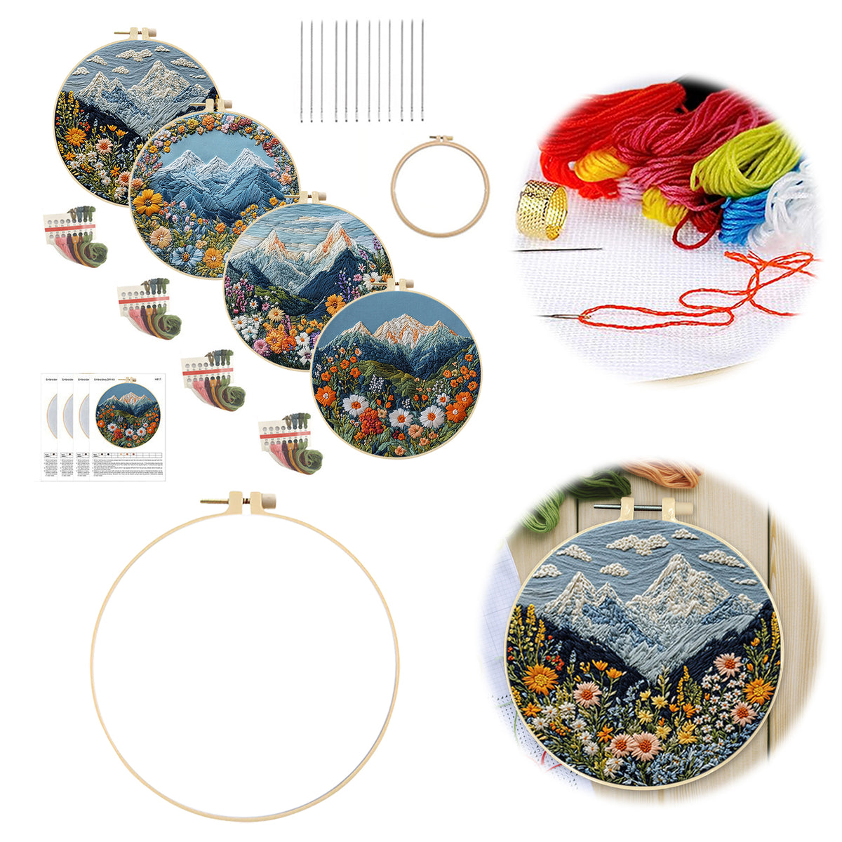 Framed Embroidery Starter Kit with Pattern Mountain 4Pcs 8in Hoop