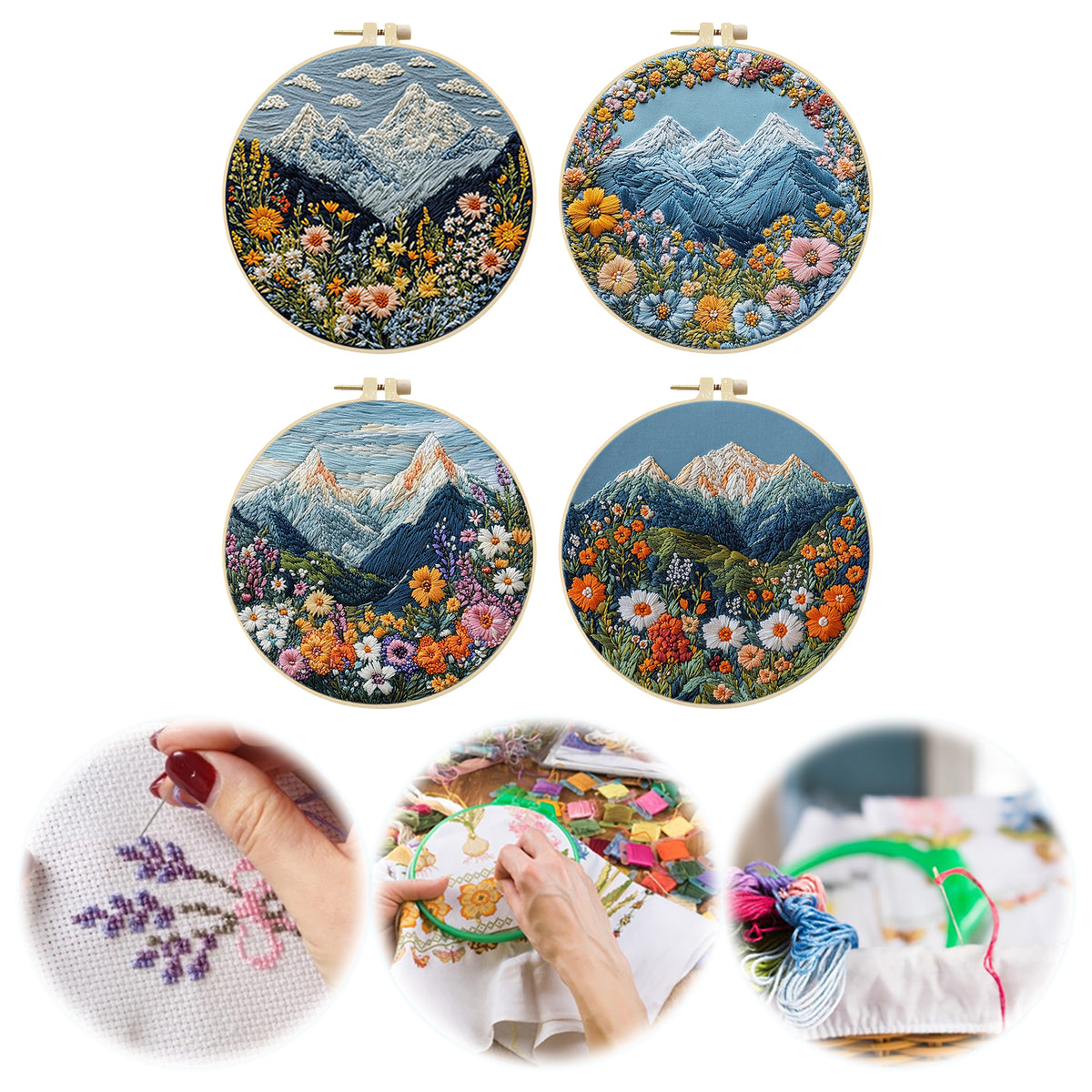 Framed Embroidery Starter Kit with Pattern Mountain 4Pcs 8in Hoop
