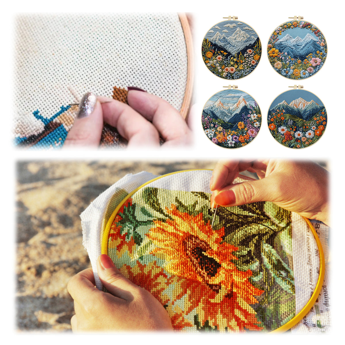 Framed Embroidery Starter Kit with Pattern Mountain 4Pcs 8in Hoop