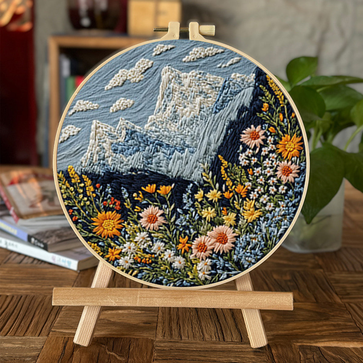 Framed Embroidery Starter Kit with Pattern Mountain 4Pcs 8in Hoop